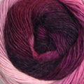 A close-up of a ball of variegated yarn showing a color-changing gradient from light pink at the outer edge to deep plum and purple in the center.