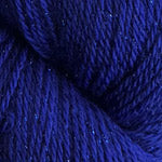 A close-up of deep royal blue yarn with subtle silver glitter fibers, filling the entire frame.