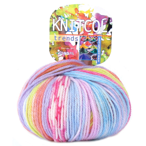 Multicolored skein of yarn with a colorful packaging label on a white background