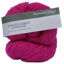 A skein of bright magenta-pink yarn with a paper label reading 'Plymouth Select Worsted Merino Superwash' on a plain white background.