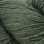 A close-up of dark olive green yarn, showing the twisted texture of the fibers.