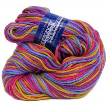 A skein of variegated yarn with pink, purple, blue, yellow, and orange stripes, featuring a dark blue paper label wrapped around the center.