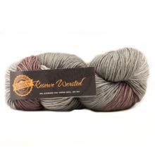 A skein of Raccoon Woolen yarn with a dark label, showing a variegated color pattern of gray, brown, and muted burgundy.