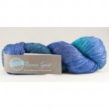 A skein of variegated yarn in shades of blue and teal, with a paper label reading 'Riviera Spirit' on a light gray background.