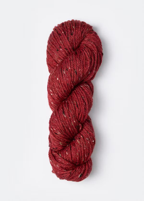 A single skein of variegated yarn in a deep burgundy red color with subtle black and white flecks, photographed on a clean white background.