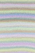 A close-up of a knitted fabric with soft pastel horizontal stripes in lavender, mint green, pale yellow, and light blue.