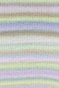 A close-up of a knitted fabric with soft pastel horizontal stripes in lavender, mint green, pale yellow, and light blue.