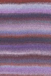 A close-up of a knitted fabric with horizontal stripes in shades of purple, lavender, pink, and brown.