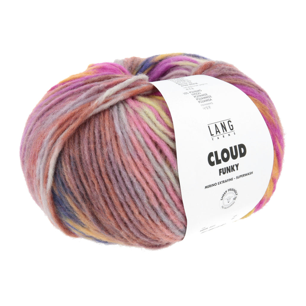 A skein of Lang CLOUD 'FUNKY' mohair extra fine superwash yarn, featuring a variegated color pattern of pink, purple, orange, and yellow, with a white paper label.