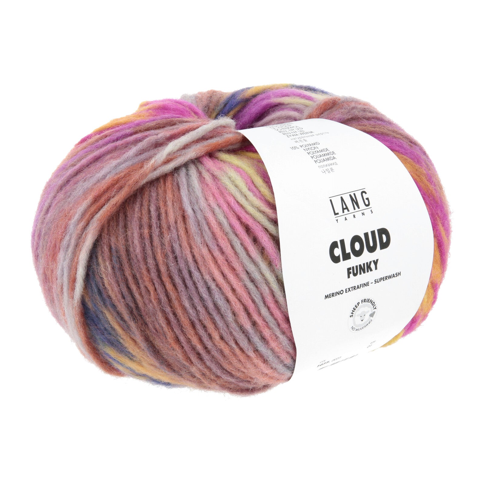 A skein of Lang CLOUD 'FUNKY' mohair extra fine superwash yarn, featuring a variegated color pattern of pink, purple, orange, and yellow, with a white paper label.