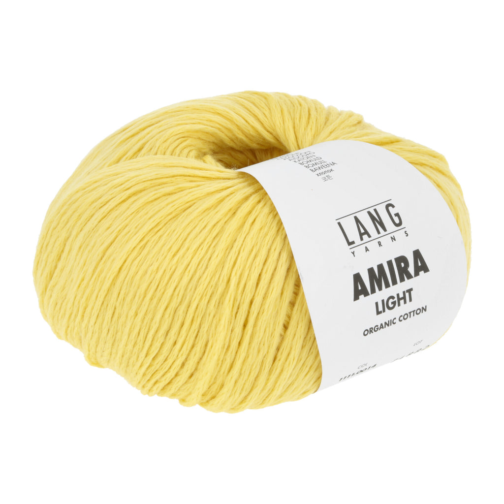Yellow skein of yarn with a white label on a white background