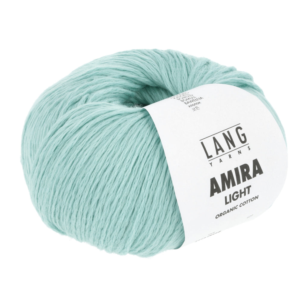 Turquoise skein of yarn with a 'Lang Yarns Amira Light' label on a white background