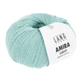 Turquoise skein of yarn with a 'Lang Yarns Amira Light' label on a white background