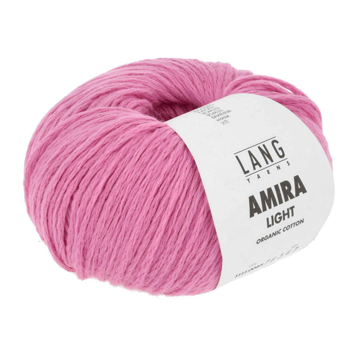 Pink skein of yarn with a 'Lang Yarns Amira Light' label on a white background
