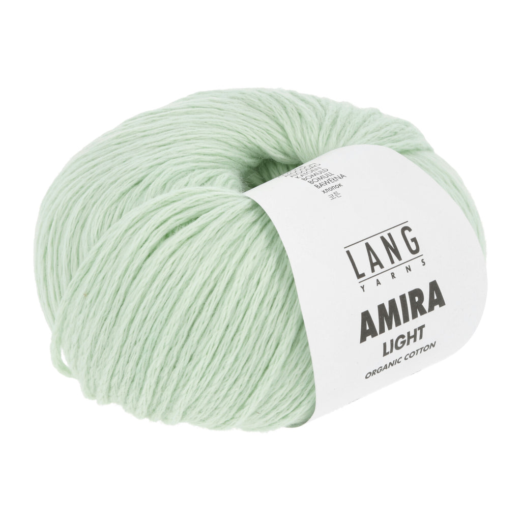 Light green skein of yarn with a Lang Yarns label on a white background