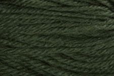 A close-up of dark olive green yarn texture, showing the twisted strands and soft sheen of the fiber.