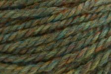 Close-up of a twisted yarn or cord in a heathered multicolor blend of olive green, brown, beige, and muted blue tones.