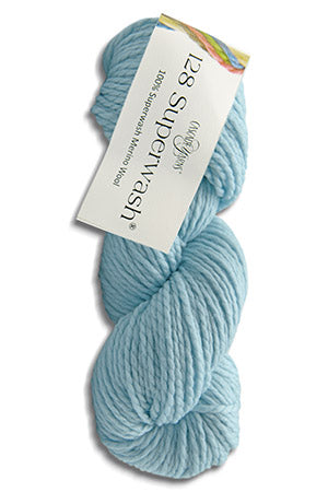 Light blue skein of yarn with a label on a white background