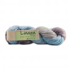 A skein of variegated yarn in shades of blue, purple, and gray with a green paper label that reads 'Lil'Naza'.