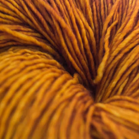 A close-up of a skein of yarn with a warm, golden-brown color, showing the detailed texture of the twisted plies.