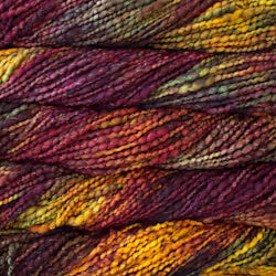 Close-up of variegated yarn skeins showing blended colors of deep burgundy, plum purple, golden yellow, and olive green.