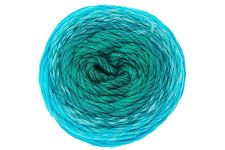A single ball of variegated yarn in a spiral pattern of bright turquoise, teal, and green, isolated on a white background.