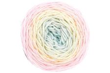 A single ball of variegated yarn with soft pastel stripes in pink, peach, cream, pale yellow, and light blue, isolated on a white background.