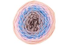 A single ball of variegated yarn with a spiral color-changing pattern in shades of pink, light blue, and taupe-brown, isolated on a white background.
