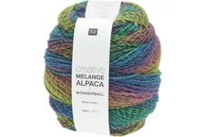 A ball of variegated alpaca yarn with a white paper label, showing colors of green, blue, purple, and orange.
