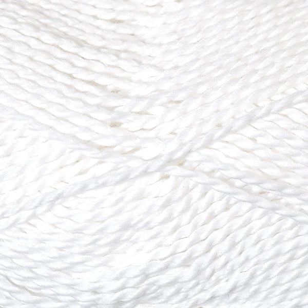 A close-up texture shot of white yarn, showing the twisted ply structure of the thread.