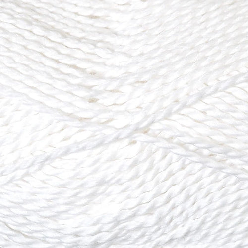 A close-up texture shot of white yarn, showing the twisted ply structure of the thread.