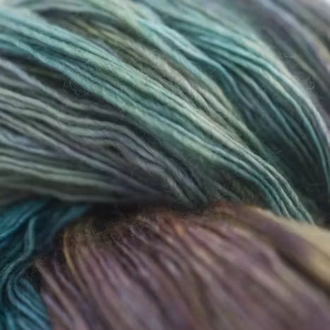 Close-up of variegated yarn strands showing a color-shifting pattern with teal, sage green, and brownish-purple tones.