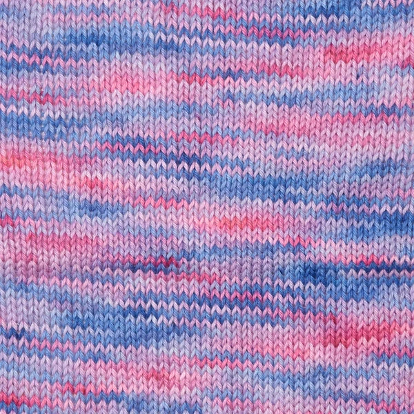 Close-up of a knitted fabric with horizontal stripes in light blue, pink, and lavender purple.