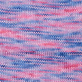 Close-up of a knitted fabric with horizontal stripes in light blue, pink, and lavender purple.