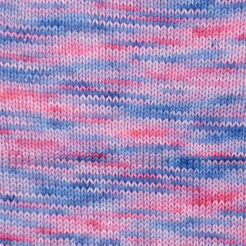 Close-up of a knitted fabric with horizontal stripes in light blue, pink, and lavender purple.