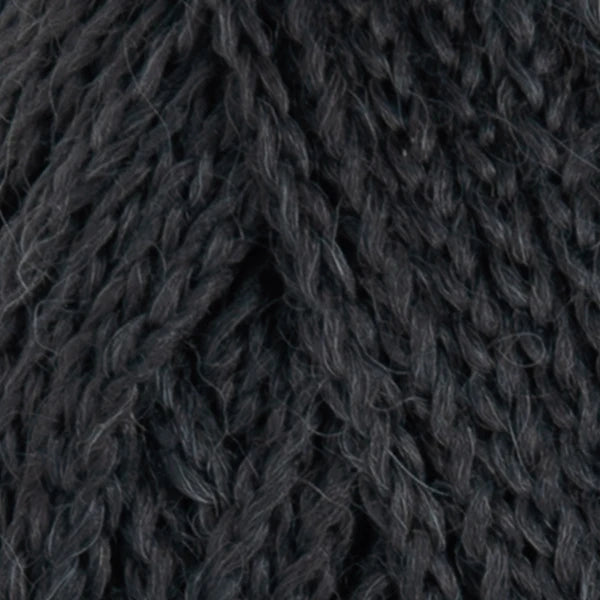 A close-up texture shot of dark charcoal gray twisted yarn, showing the fuzzy fibers and twisted plies.