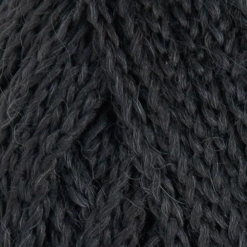 A close-up texture shot of dark charcoal gray twisted yarn, showing the fuzzy fibers and twisted plies.
