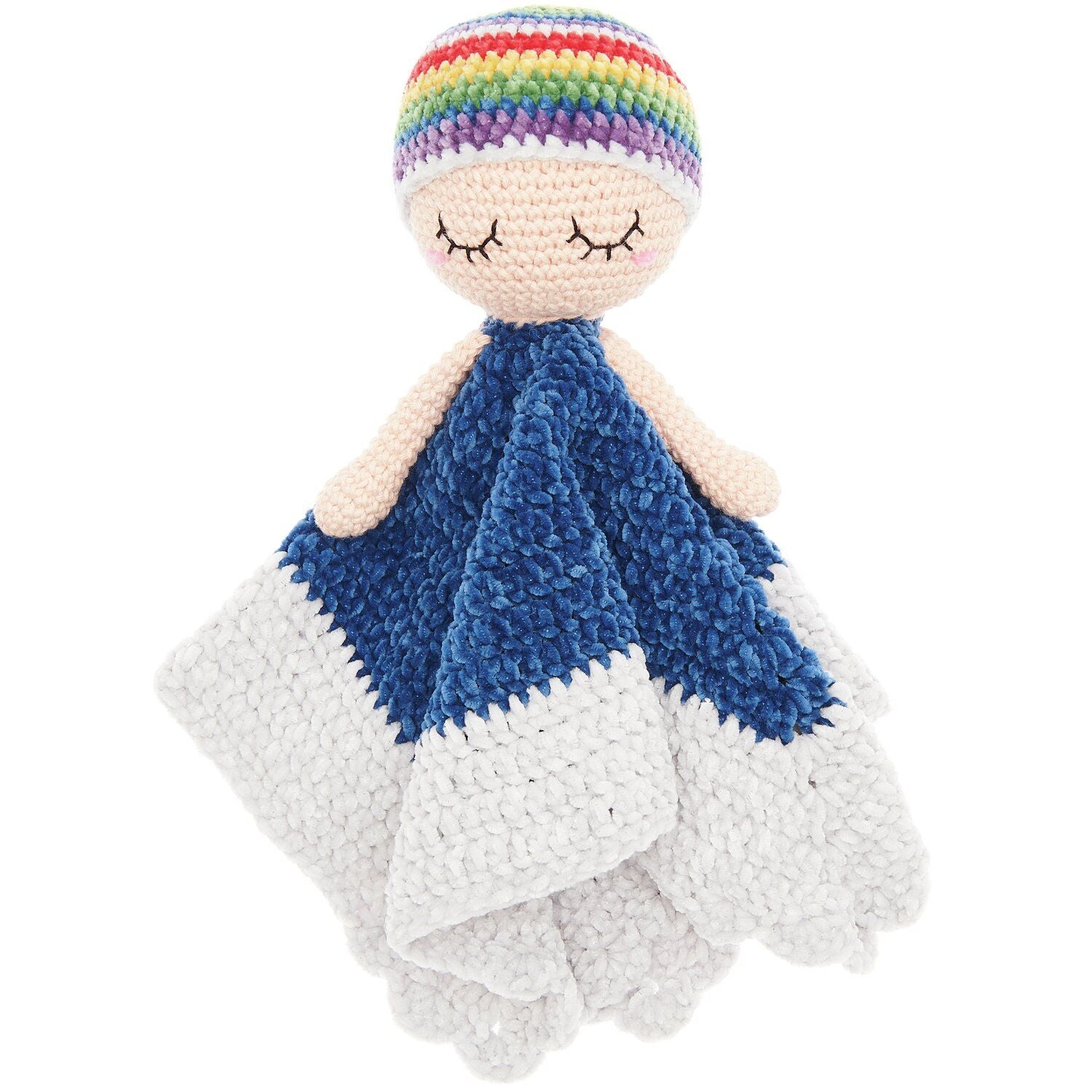 A crocheted doll security blanket featuring a smiling face with closed eyes, a rainbow-striped hat, blue and white body, and a white textured blanket.