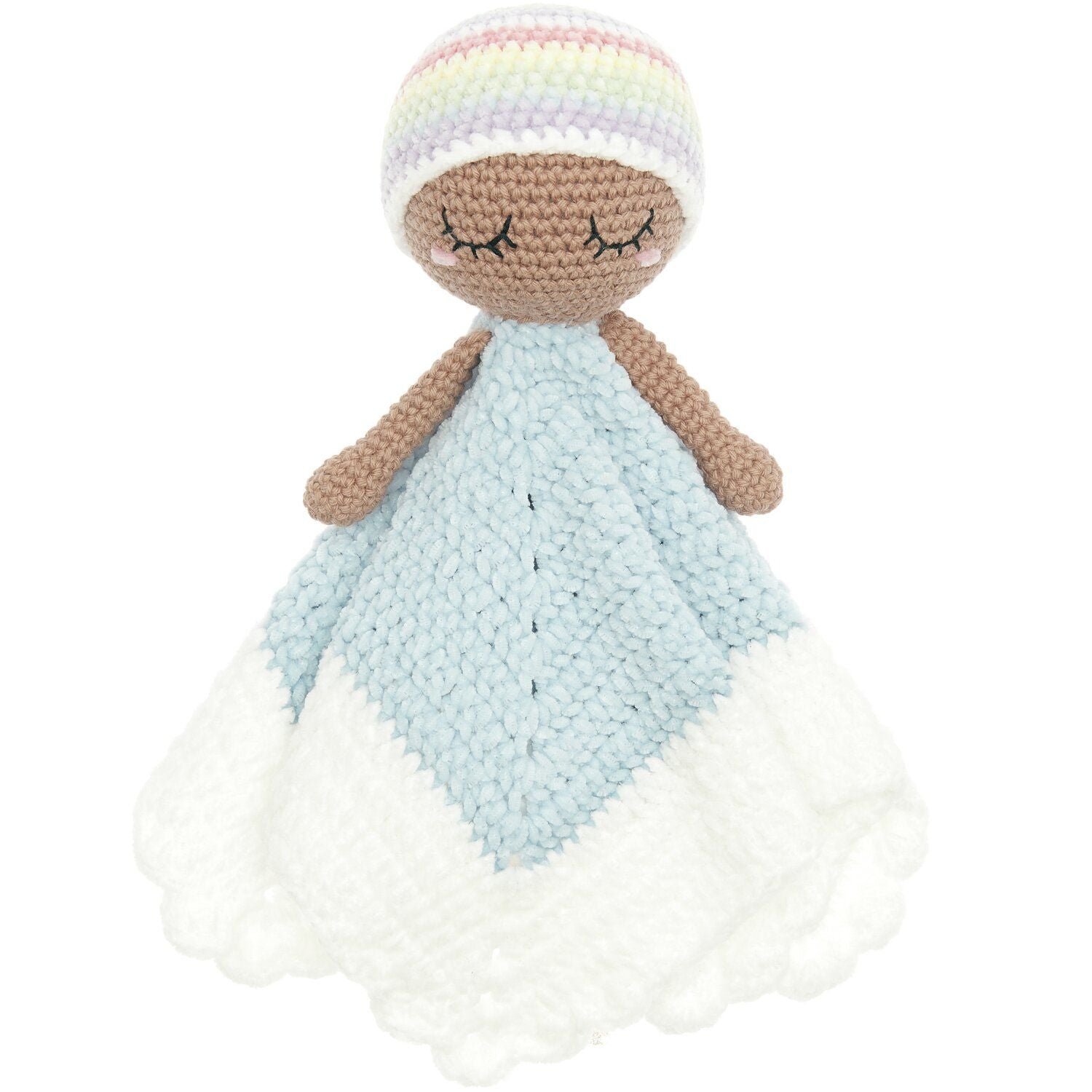A handmade crocheted comforter doll with a pastel rainbow-striped hat, brown yarn skin and arms, and a light blue and white blanket.