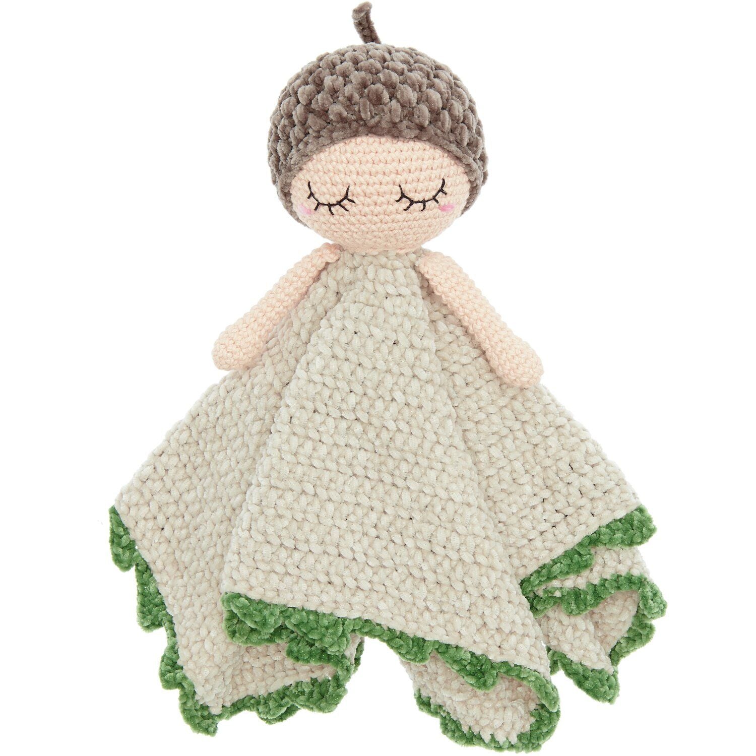 Knitted doll with acorn hat and green trim on a white background