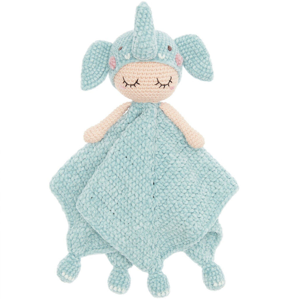 Blue elephant plush toy with a blanket on a white background