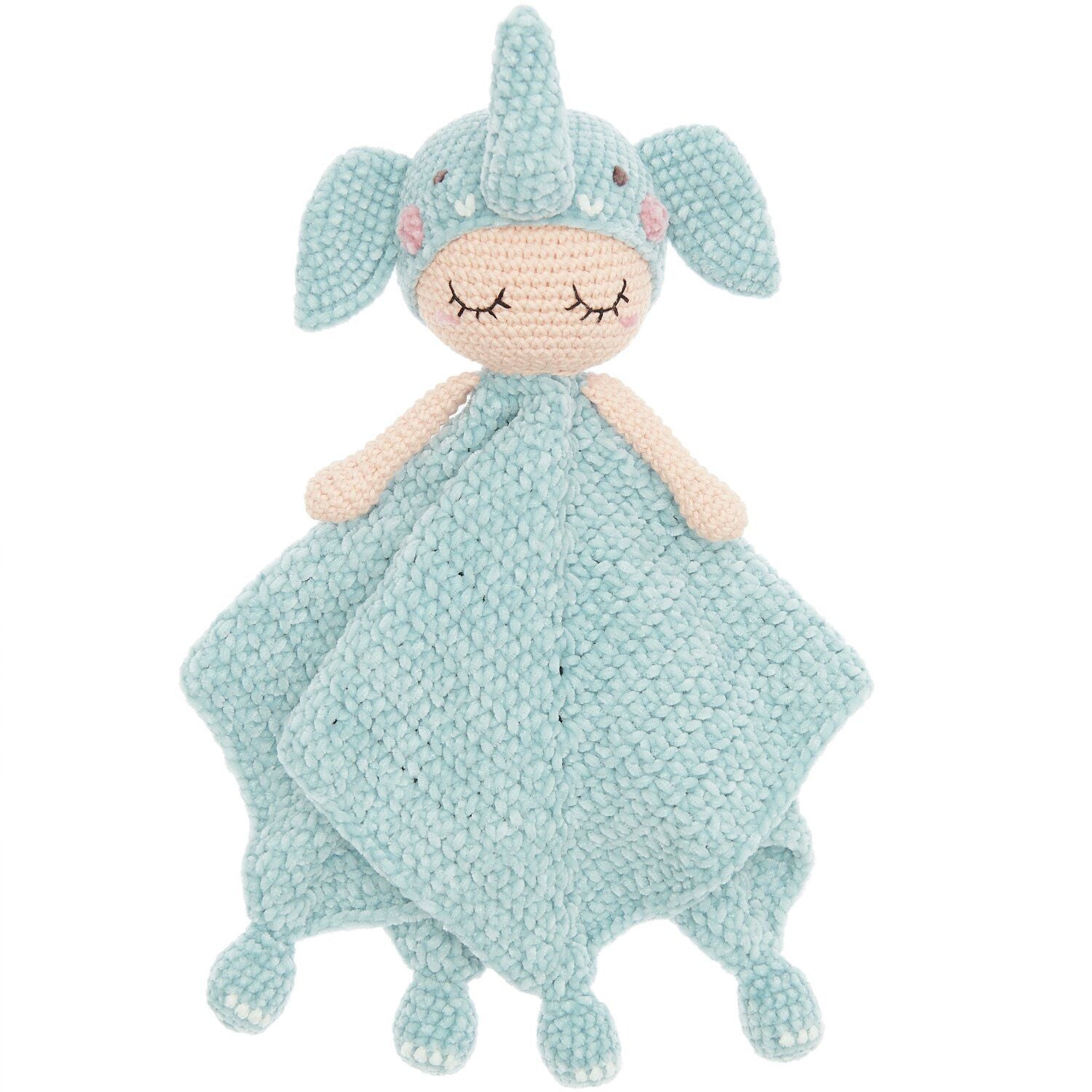 Blue elephant plush toy with a blanket on a white background