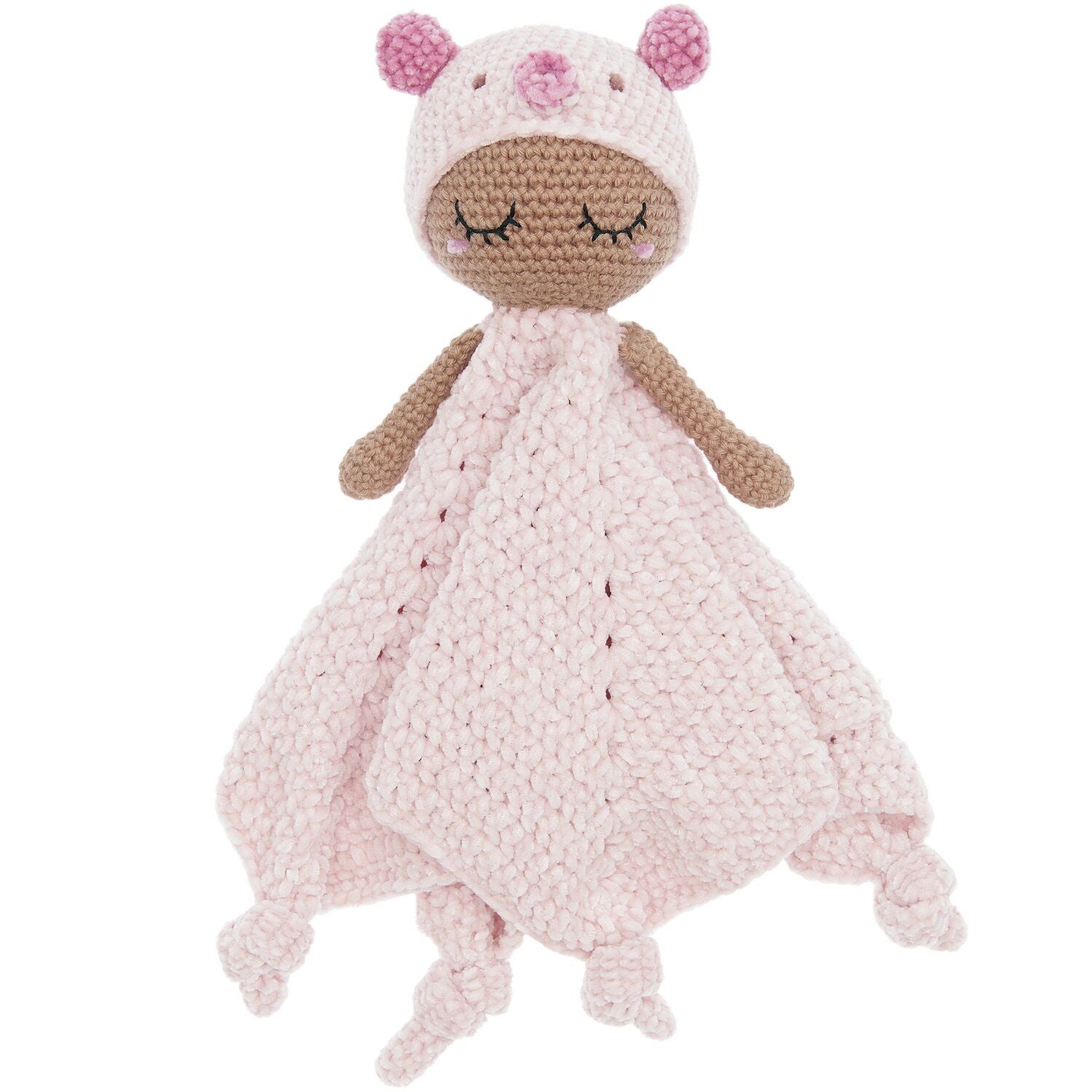 Knitted toy with pink dress and bear ears on a white background