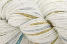 A close-up of a skein of variegated yarn with alternating stripes of off-white, pale yellow, and light blue.