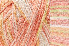 Close-up of pink and orange yarn with a small inset showing a different color swatch.