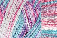 Close-up of yarn with pink, blue, and purple colors.