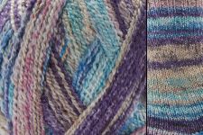Close-up of variegated yarn with blended purple, blue, teal, and beige tones, shown in two vertical fabric swatches.