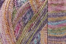 Close-up of a variegated yarn skein showing blended pastel and earthy tones including pink, purple, blue, green, yellow, and brown.