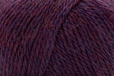 A close-up of dark plum purple yarn showing its fine twisted texture.