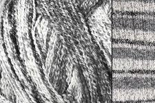 Close-up of gray yarn with a swatch of knitted fabric pattern.